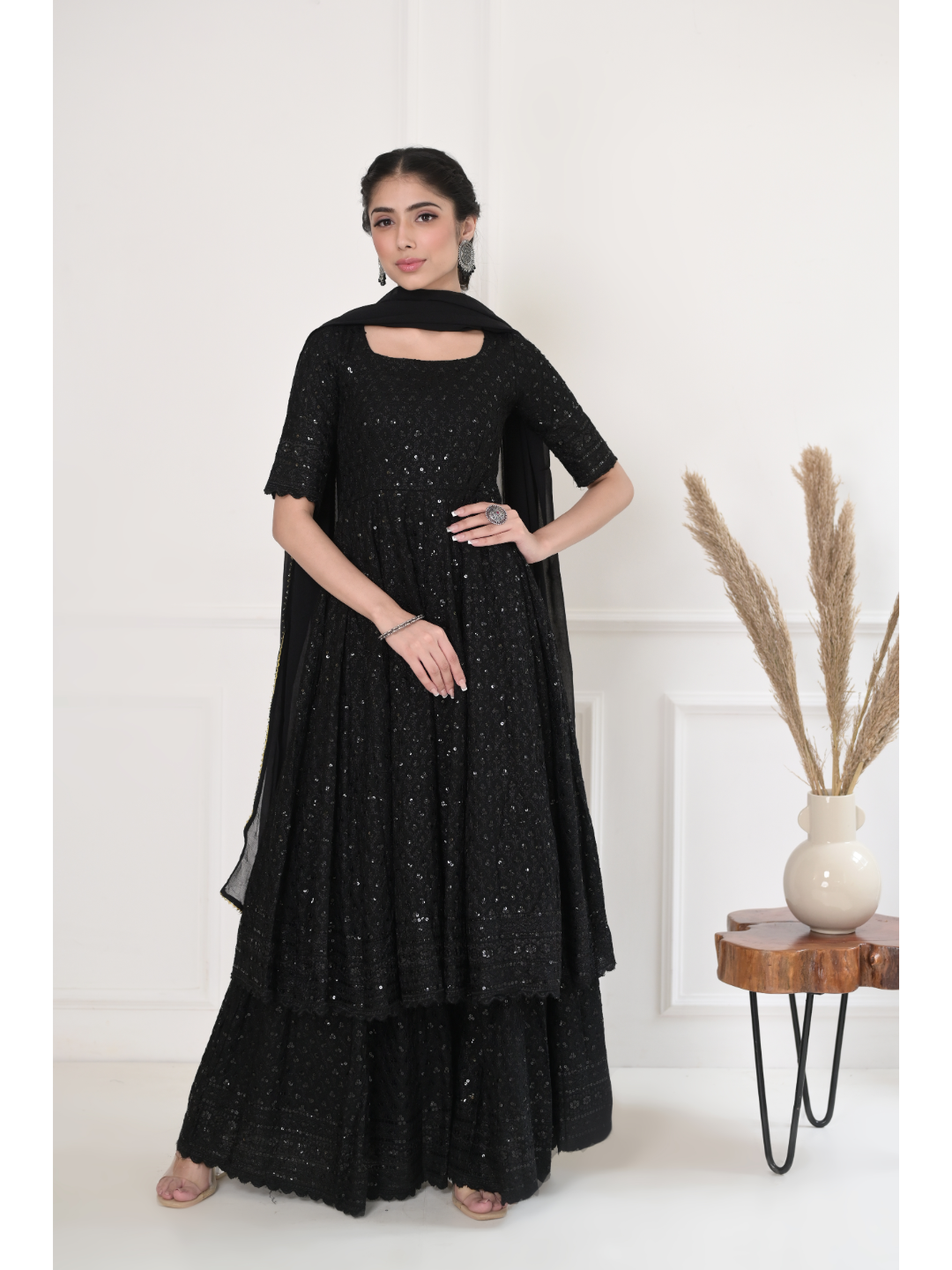 Black Chikankari & Sequin Dress With Dupatta